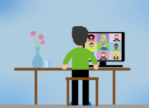 Comic: Mann von hinten vor einem Monitor. Darauf ist eine Videokonferenz zu sehen.