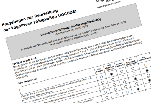 Fragebogen zur Beurteilung der kognitiven Fähigkeiten IQCODE ist ein weiteres digitales Angebot von digiDEM Bayern.